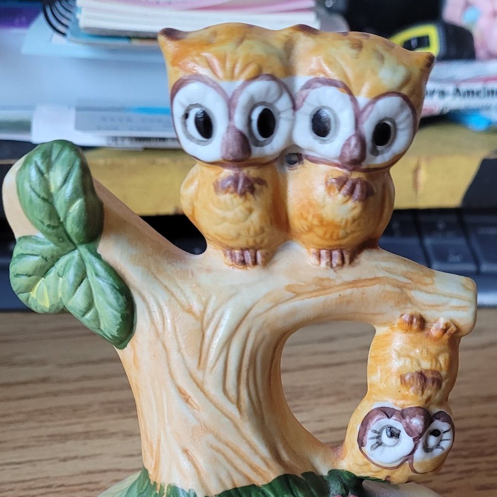 Vintage "No One's Perfect!" Owl Figurine Hanging Upside Down